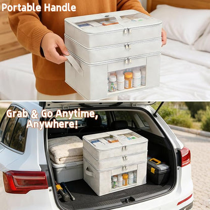 3-Tier Medicine Cabinet Organizer, Foldable Fabric Medicine Storage Box with Clear Cover and Handle,Multipurpose Medicine Organizer Box for First Aid, Home and Travel