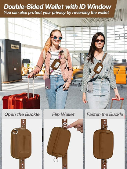 Tiostep Clip and Go Strap for Phone with Wallet Crossbody Phone Lanyard Adjustable and Detachable RFID Wristlet Wallet with ID Window and Zipper, Brown