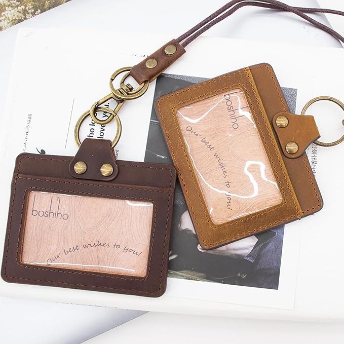 Badge Holder: Boshiho Cowhide Leather ID Badge Card Holder with 19" Neck Lanyard, Horizontal Style (Dark Brown)