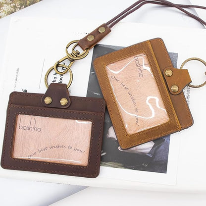 Badge Holder: Boshiho Cowhide Leather ID Badge Card Holder with 19" Neck Lanyard, Horizontal Style (Dark Brown)