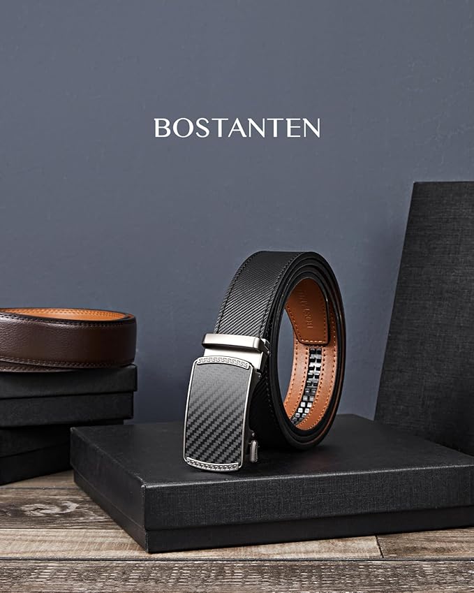 BOSTANTEN Mens Belt Leather Ratchet Belt For Men Dress and Casual with Adjustable Buckle, Trim to Fit