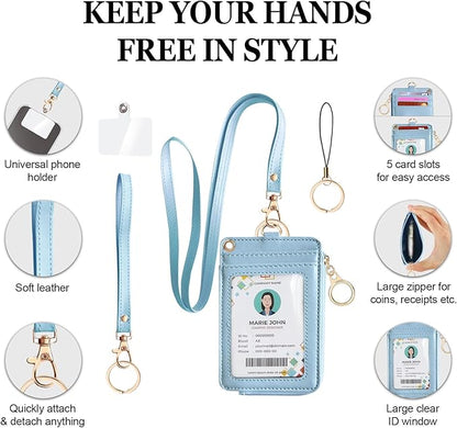 bolimoss 2-in-1 ID Badge Holder & Lanyard Wallet Women Leather Vertical ID Badge Card Holder with Detachable Wristlet & Neck Lanyard, 1 Clear ID Window, 4 Credit Card Slots, 1 Cash Coin Slot Baby Blue