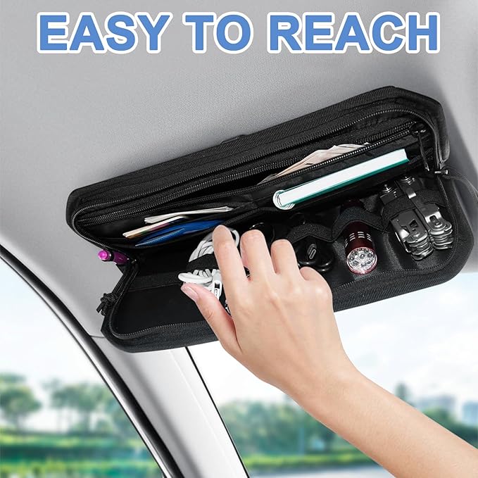 Car Sun Visor Organizer, Car Visor Organizer with Zipper, Visor Storage Pouch & Glasses Clip Molle Panel Multi-Pocket for Universal Most Vehicles SUVs Trucks
