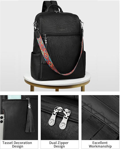 FADEON Leather Laptop Backpack for Women Designer 15.6 inch PU Laptop Bag, Ladies Travel Computer Work Backpack Black