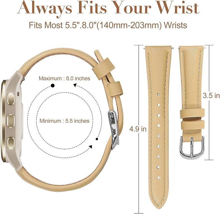 18mm Slim Leather Band Compatible with Garmin Venu 3S 41mm/Venu 4 41mm/Venu 2S/Vivoactive 4S/Vivomove 3S/Forerunner 255S/Forerunner 265S, Quick Release Thin Narrow Soft Strap for Women Men