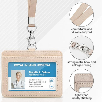 Teskyer Badge Holder with Lanyard, Leather ID Name Badge Card Holder with Lanyard for ID Badges, Horizontal, Lychee Pattern Beige