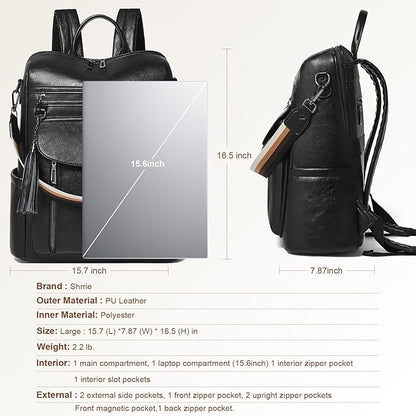 Shrrie Laptop Backpack for Women 15.6 inch,Travel Leather Backpack Purse Nurse Teacher Carry on Backpack Computer Bag,Professional Water-Resistant College Business Work Casual Daypack,Black