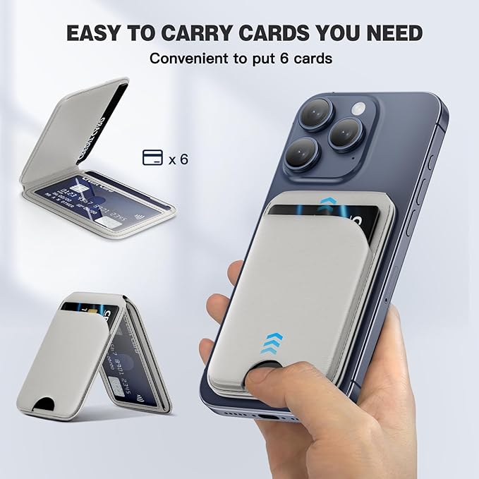 QYQBOON Mag-Safe Wallet Magnetic Wallet for iPhone Lightweight Magnetic Phone Wallet Stand Adjustable Leather Magnetic Card Holder for iPhone 16/15/14/13/12 Series, Size Not for iPhone Mini (Grey)