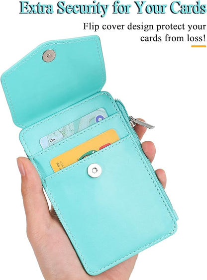 Teskyer Badge Holder with Side Zip Pocket, Multiple Card Slots Leather ID Holder Wallet with Neck Lanyard for Office Staffs, Teachers/Students, Couriers, Workers, Cyan