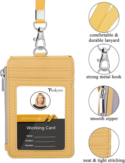 Teskyer Badge Holder with Side Zip Pocket, Multiple Card Slots Leather ID Holder Wallet with Neck Lanyard for Office Staffs, Teachers/Students, Workers, Cruise Cards, Bus/Metro Cards, Lichee Yellow