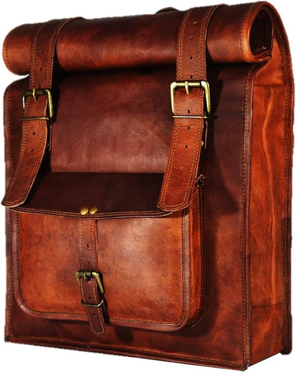 URBAN DEZIRE Men's 17 inch Leather Vintage Roll On Laptop Backpack Rucksack knapsack college bag