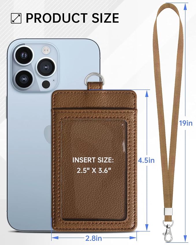 Teskyer Badge Holder with Lanyard, Leather ID Name Badge Card Holder with Lanyard for ID Badges, Vertical, Lychee Pattern Coffee