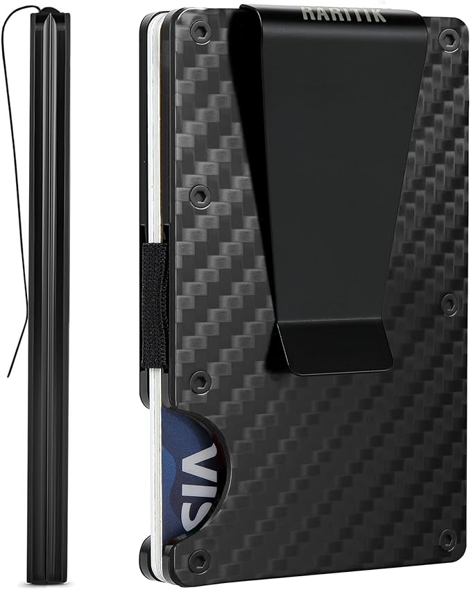 Minimalist Carbon Fiber Wallet for Men, Money Clip Cash Strap Wallet, RFID Blocking Metal Wallet Aluminum Card Holder,Front Pocket Wallet(Carbon Fiber)
