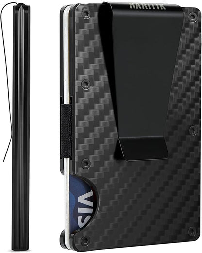Minimalist Carbon Fiber Wallet for Men, Money Clip Cash Strap Wallet, RFID Blocking Metal Wallet Aluminum Card Holder,Front Pocket Wallet(Carbon Fiber)