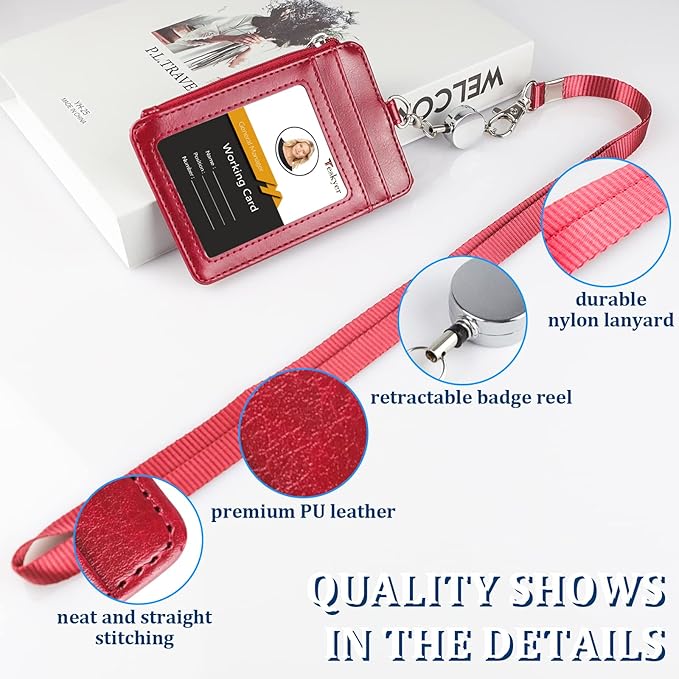 Teskyer Leather Badge Holder with Lanyard and Retractable Badge Reel, 4 Card Slots ID Card Holder with 1 Zipper Pocket for Office School Name Work IDs, Wine Red