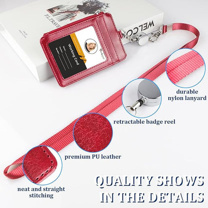 Teskyer Leather Badge Holder with Lanyard and Retractable Badge Reel, 4 Card Slots ID Card Holder with 1 Zipper Pocket for Office School Name Work IDs, Wine Red