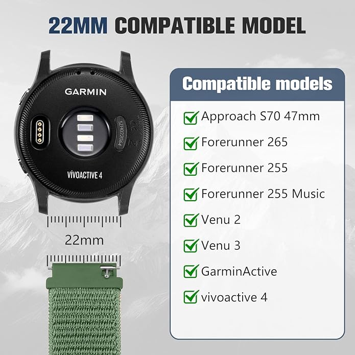 18mm 20mm 22mm Hook and Loop Watch Band Compatible with Garmin Vivoactive 5/ Vivoactive 6/ Vivoactive 3, Soft Nylon Breathable Sport Strap for Venu 2S/ Venu3S/ Forerunner 265s,Venu 3/ Venu 2 Men Women