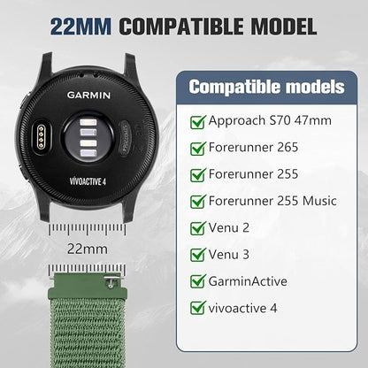 18mm 20mm 22mm Hook and Loop Watch Band Compatible with Garmin Vivoactive 5/ Vivoactive 6/ Vivoactive 3, Soft Nylon Breathable Sport Strap for Venu 2S/ Venu3S/ Forerunner 265s,Venu 3/ Venu 2 Men Women