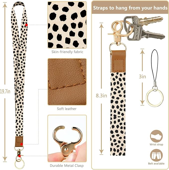 bolimoss Polka Dot ID Badge Holder Cute Teacher Lanyard Wallet, Credit Card Holders with Removable Wristlet & Neck Lanyard, Leather ID Name Badg 5 Card Slots Zipper Purses