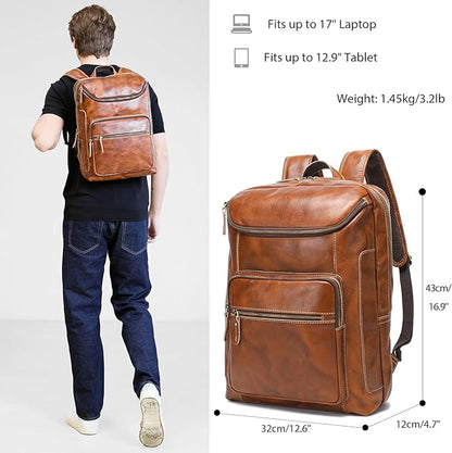 LANNSYNE Vegetable Tanned Leather Backpack For Men, 17" Laptop Backpack, Casual Outdoor Business Travel Rucksack, YKK Zippers