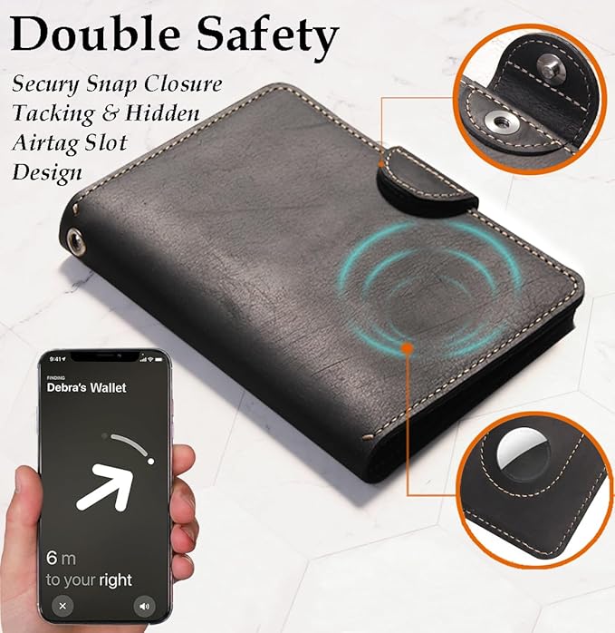 Genuine Leather Passport Holder for Travel - Rfid Passport Wallet with Hidden AirTag Slot, 2 Card Slots,for Men & Women & Family - Button Bifold Hidden Airtag Slot Style,Black