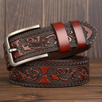Men's Casual Genuine Leather Jeans Belts Vintage Leather Engraved Strap with Single Prong Buckle