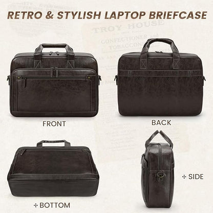 RAINSMORE Mens Laptop Bag 16 Inch Leather Briefcase Vintage Messenger Bag for Men Large Crossbody Shoulder Office Computer Bag Retro College Satchel for Work, Business,Travel, Coffee
