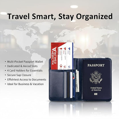 RFID Passport Holder for Travel, Leather Passport Cover RFID Blocking, Slim Durable Passport Wallet Organizer for Men Women, Travel-Friendly Case (Black)