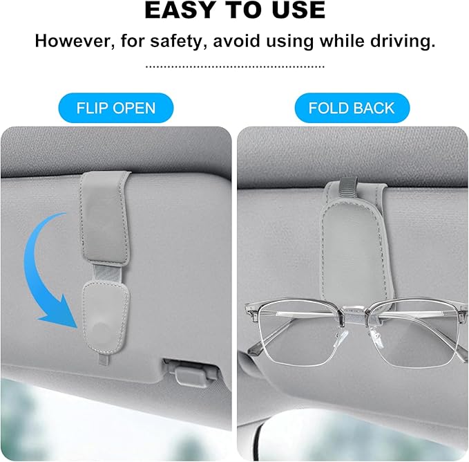 Teraves 2 Pack Sunglass Holder Clip for Car Visor, Upgrade Magnetic Leather Visor Sunglasses Clip, Easy to Hold Your Glasses Eyeglasses, Grey