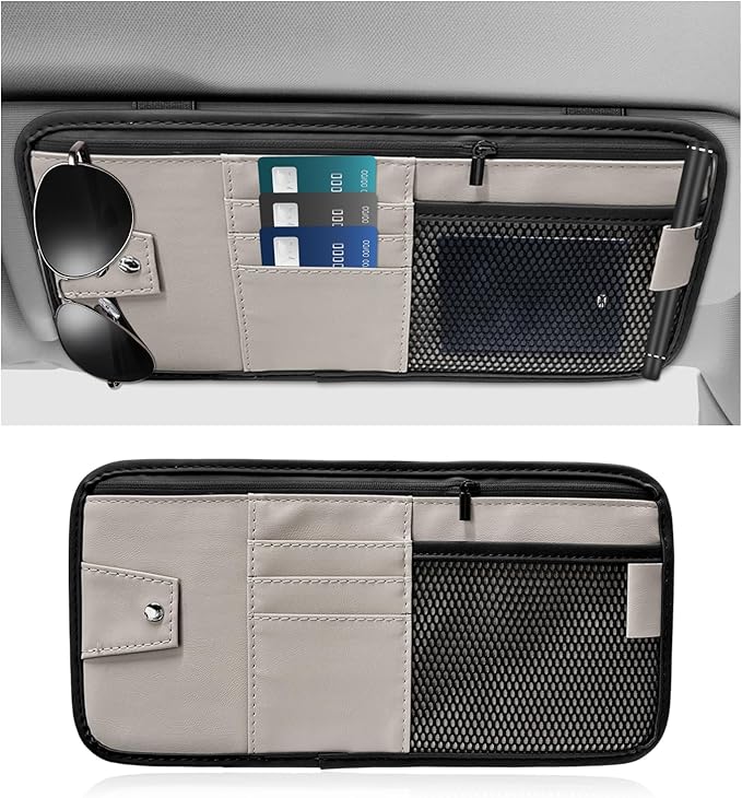Car Sun Visor Organizer, PU Leather Multi-Pocket Visor Storage Pouch with Zipper, Auto Interior Document Holder Sunvisor Card Sleeve Pocket Organizer for Driving License Pen Key (Gray)