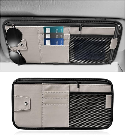 Car Sun Visor Organizer, PU Leather Multi-Pocket Visor Storage Pouch with Zipper, Auto Interior Document Holder Sunvisor Card Sleeve Pocket Organizer for Driving License Pen Key (Gray)