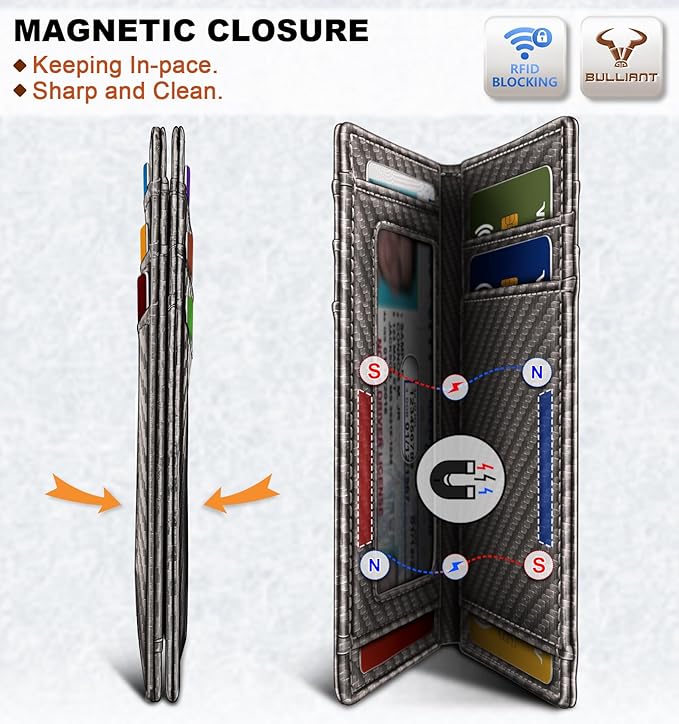 BULLIANT Slim Wallet For Men 12Cards,Magnetic Flip Build-in Money Clip Airtag Compatible-RFID Blocking