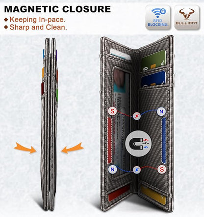 BULLIANT Slim Wallet For Men 12Cards,Magnetic Flip Build-in Money Clip Airtag Compatible-RFID Blocking