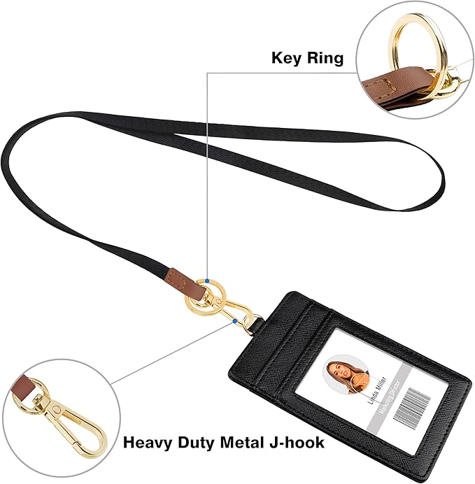 Azrra Lanyards for id ID Badges, Lanyard with 1 ID Holder and 4 Credit Card Slots, Vertical PU Leather Badge Holder with a Detachable Neck Strap, Black