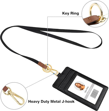Azrra Lanyards for id ID Badges, Lanyard with 1 ID Holder and 4 Credit Card Slots, Vertical PU Leather Badge Holder with a Detachable Neck Strap, Black