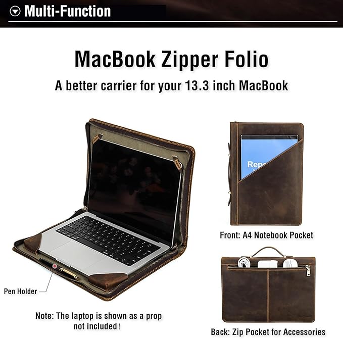Top Grain Leather 13.3" Slim Laptop Zipper Folio Case, Retro Design Handmade & 2 Pockets, Compatible with MacBook Pro 13.3" MacBook Air M1/M2 ZENBOOK 13.3" & Other PC, Oil Coffee 13.3 Inch