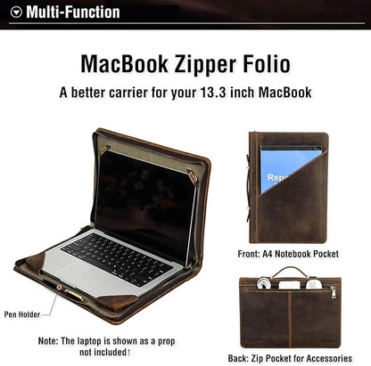 Top Grain Leather 13.3" Slim Laptop Zipper Folio Case, Retro Design Handmade & 2 Pockets, Compatible with MacBook Pro 13.3" MacBook Air M1/M2 ZENBOOK 13.3" & Other PC, Oil Coffee 13.3 Inch