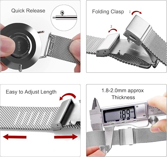 EACHE Stainless Steel Mesh Watch Band for Men Women, Quick Release Mesh Watch Straps 12mm 14mm 16mm 18mm 20mm 22mm