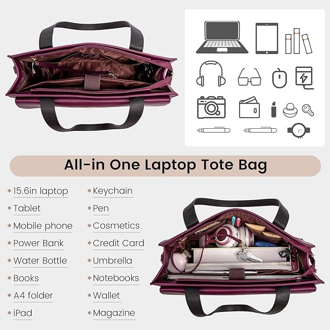 LOVEVOOK Laptop Bag for Women 17.3 Inch Laptop Tote Work Bags Professional Leather Computer Briefcase Waterproof Handbag Shoulder Large Capacity Business Teacher Office Crossbody Purse