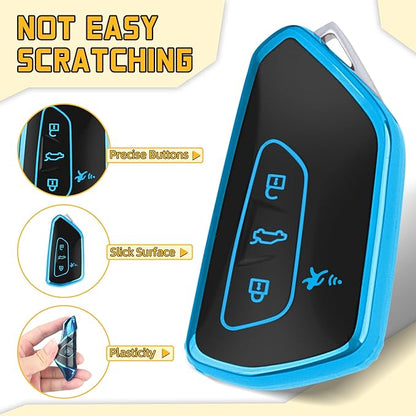 FT FUNTOR Key Fob Cover for Volkswagen,Soft TPU Full Protection Case Compatibale With VW Golf GTI Atlas Skoda Octavia ID3 ID4 MK8 (Blue, 4 Buttons)
