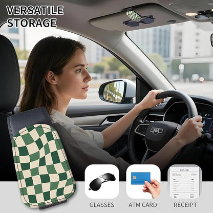 Sunglasses Holder for Car Visor, PU Leather Glasses Clip Organizer, Cute Magnetic Eyeglass Holder for Vehicle Sun Visor, Car Interior Accessory for Women & Men Green Wavy Checker