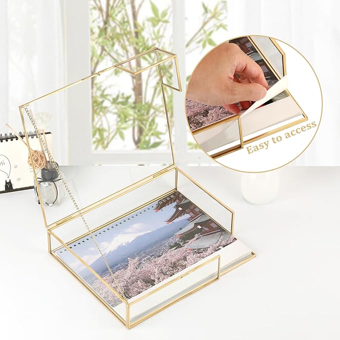Hipiwe Gold Glass Photo Box - Large Vintage Photo Storage Organizer Box Trinket Jewelry Display Organizer Keepsake Boxes Case Home Decor