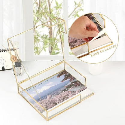 Hipiwe Gold Glass Photo Box - Large Vintage Photo Storage Organizer Box Trinket Jewelry Display Organizer Keepsake Boxes Case Home Decor
