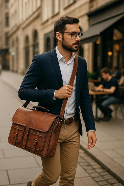Leather Messenger Bag for Men and Women 18 inch Large Vintage Leather Briefcase Laptop Shoulder Bag Unisex Crossbody Messenger Satchel for Office, Business, Work, Travel
