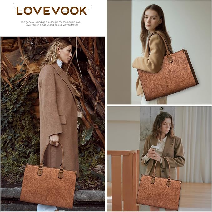 LOVEVOOK Laptop Tote Bag for Women, 15.6 Inch Large Capacity Vintage Leather Work Computer Bag, Business Casual Shoulder Handbag, Brown Embossed