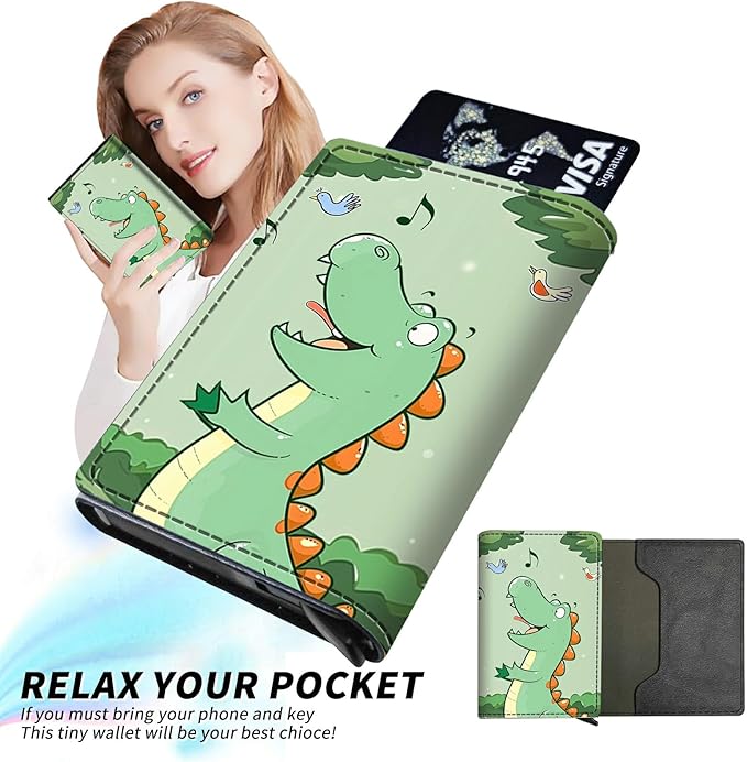 Green Dinosaur Minimalist Wallet for Men, Pop Up Card Case Wallet for Women, PU Leather Automatic Credit Card Holder Metal Money Clip Wallet RFID Blocking Bifold Pocket Wallet