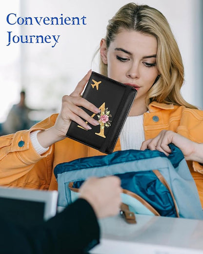 Slohif Initial Passport Holder Cover Wallet Case for Travel Women - Leather Letter Passport Book Family Multiple Personalized Organizer Card Slots Protector Sleeve Essentials Slim Carrier A Black