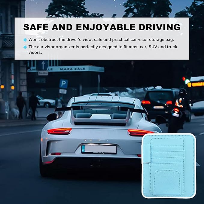 Dickno 2PCS Small Leather Car Sun Visor Organizer, Multifunctional Auto Visor Document Holder with Sunglasses Clip, Universal Car Interior Organizer for Drving License, Card, Pen (Blue)