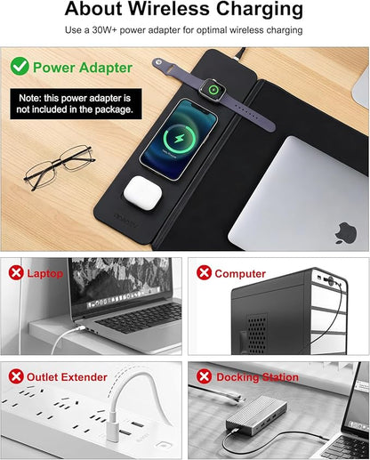 Wireless Charging Mouse Pad with 2nd Gen Tech, 3-in-1 25W Fast Charger, Replaceable Rubber & Microfiber Leather Desk Mat, Large Waterproof Desk Pad for Office & Gaming(Leather Mat& Coasters)