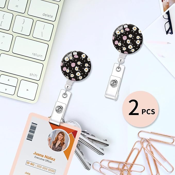 2 Pack Badge Reels Holder Retractable with ID Clip for Nurse Name Tag Card Nursing for Doctor Teacher Student Employee Office Medical Work (Cute Daisy)